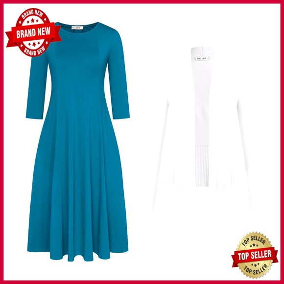 Open Front Cropped Cardigan with Flowy A-Line Midi Dress Set Casual Chic